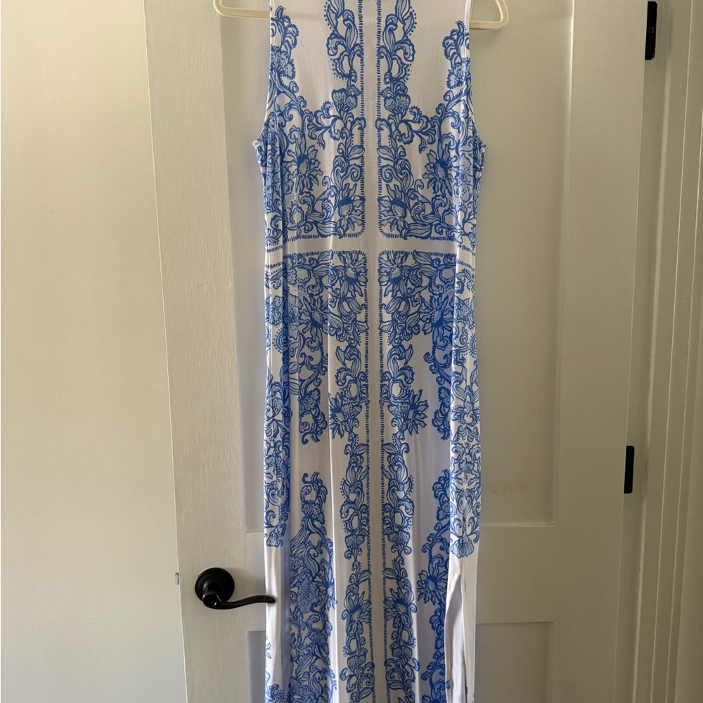 White & Blue Sleeveless Maxi Dress - Elegant Printed Summer Dress - Picture 2 of 6